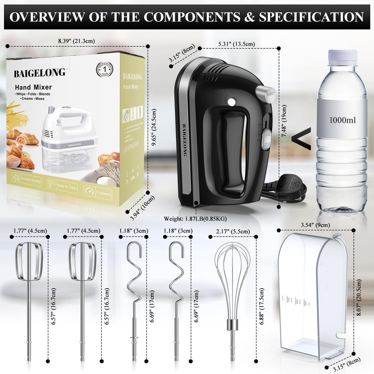 Electric Hand Mixer 300W 5 Speed Turbo Stainless Steel Attachments BAIGELONG Black