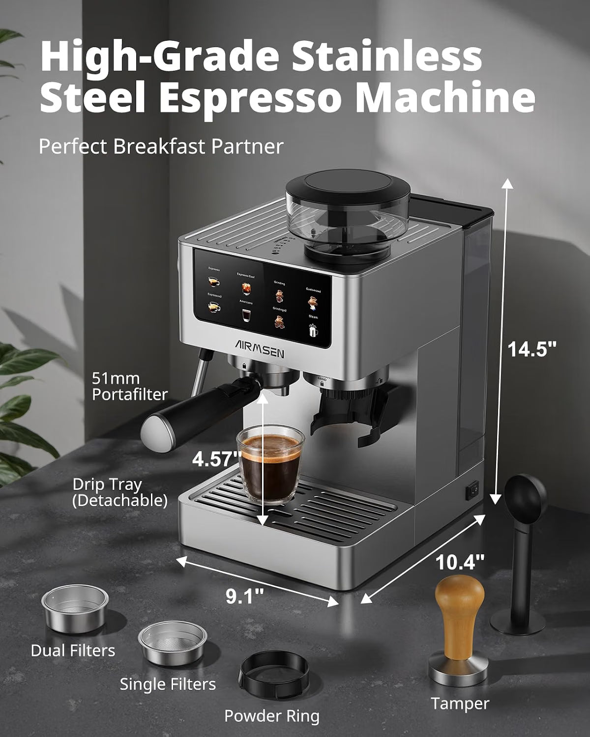 Bean to Cup Coffee Machine 20 Bar Automatic Espresso Maker AIRMSEN Home Barista