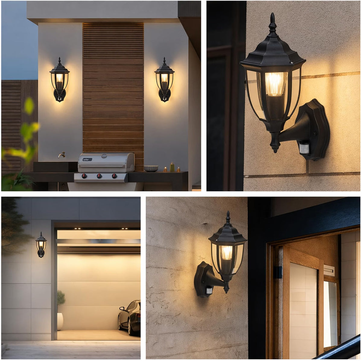 Outdoor Wall Light PIR Motion Sensor Waterproof E27 Black Aluminium Porch Lantern