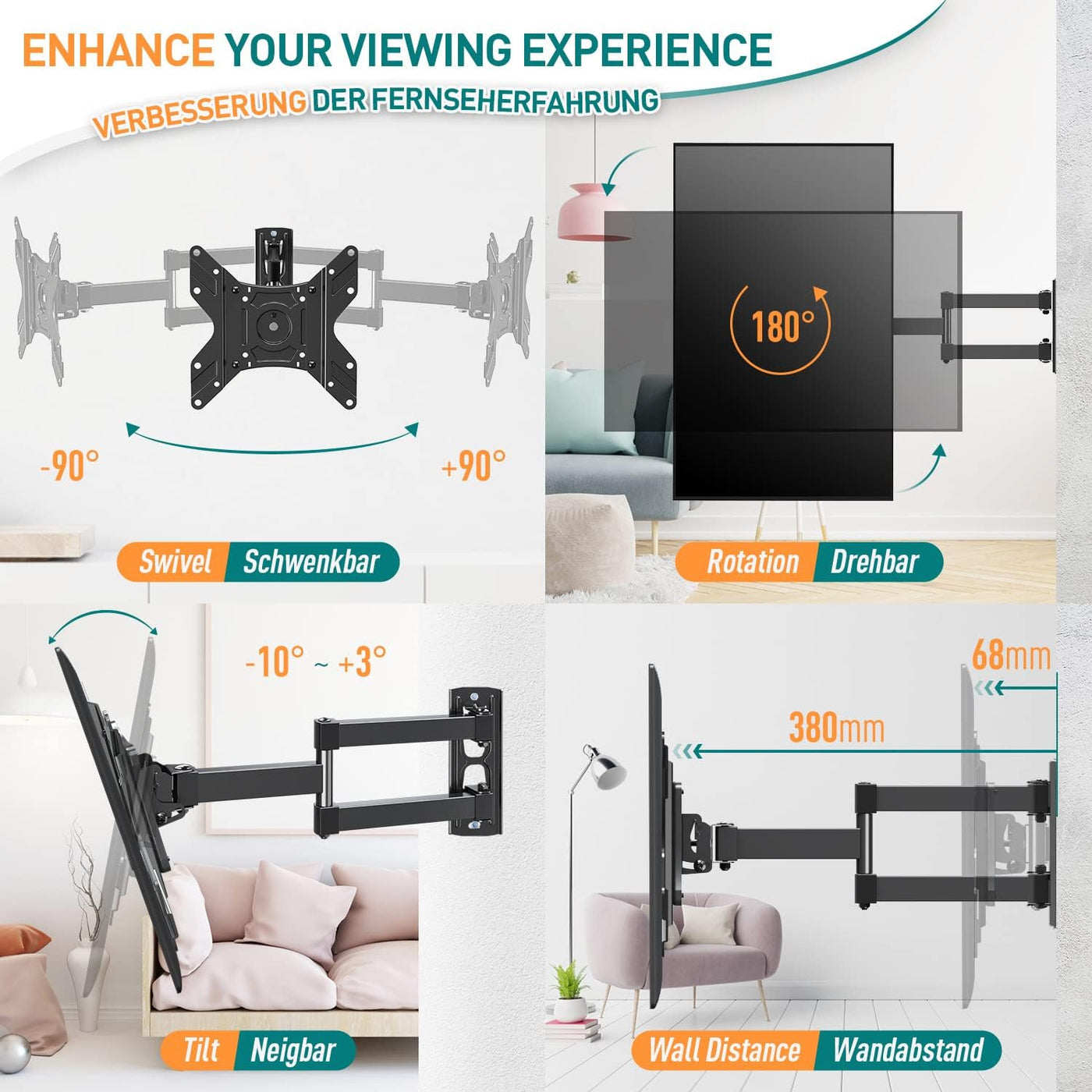 Tilt Swivel TV Bracket 14-40 Inch Full Motion Wall Mount VESA ELIVED
