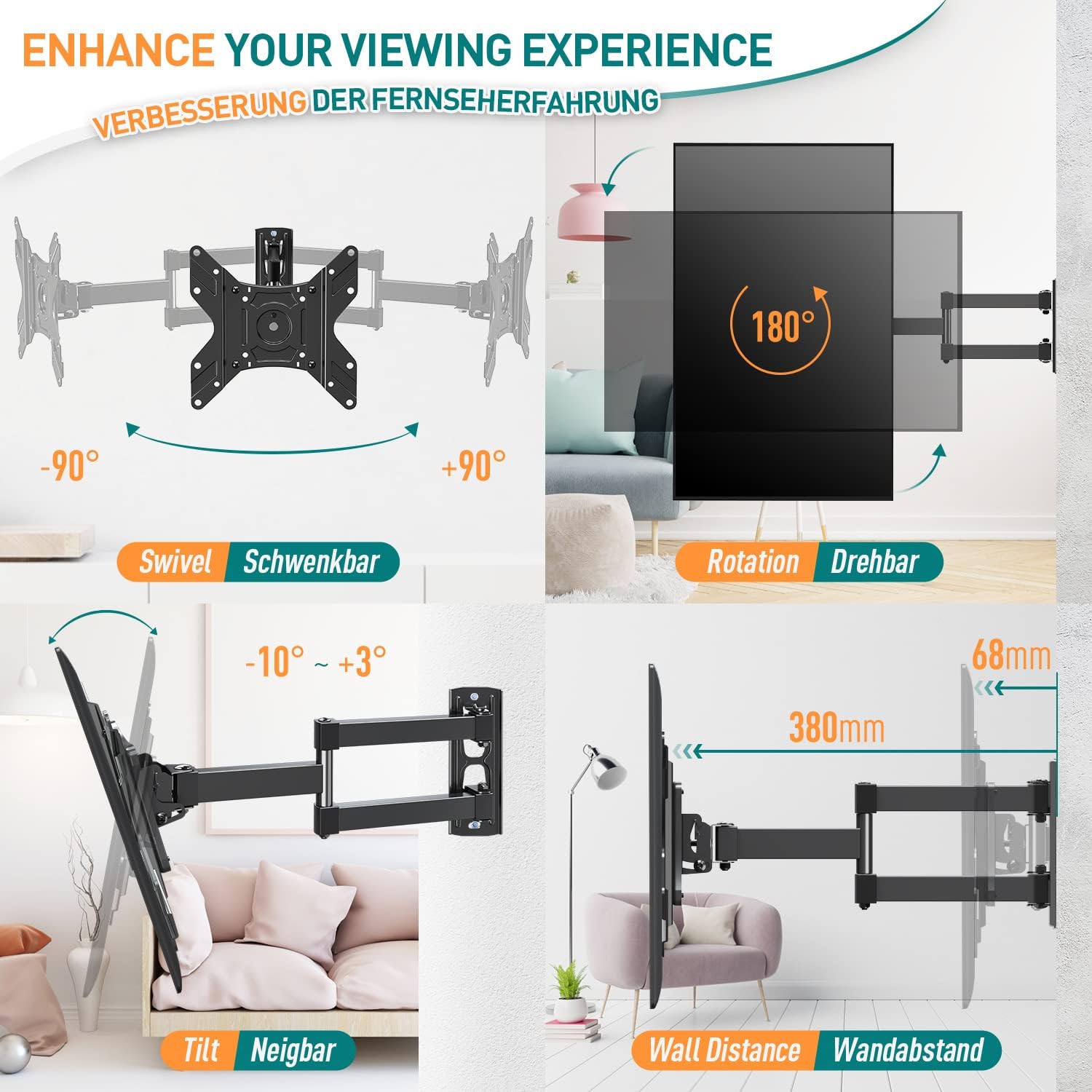 Tilt Swivel TV Bracket 14-40 Inch Full Motion Wall Mount VESA ELIVED