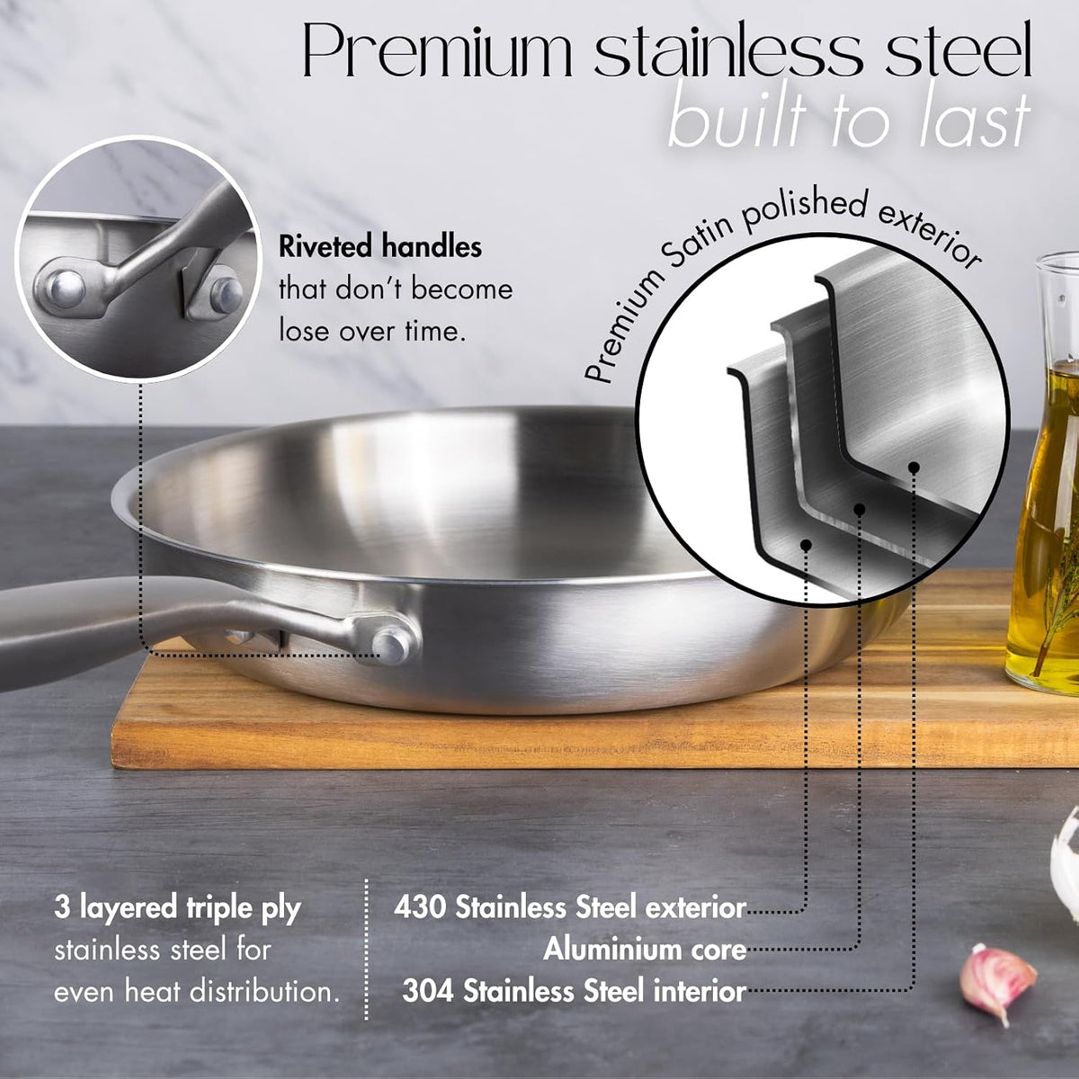 Stainless Steel Frying Pan Set 20cm 28cm Tri Ply Induction 2 Piece nuovva Pans