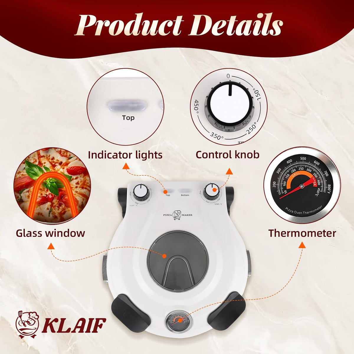 Electric Pizza Oven Indoor 12 Inch Ceramic Stone Countertop Cooker White KLAIF