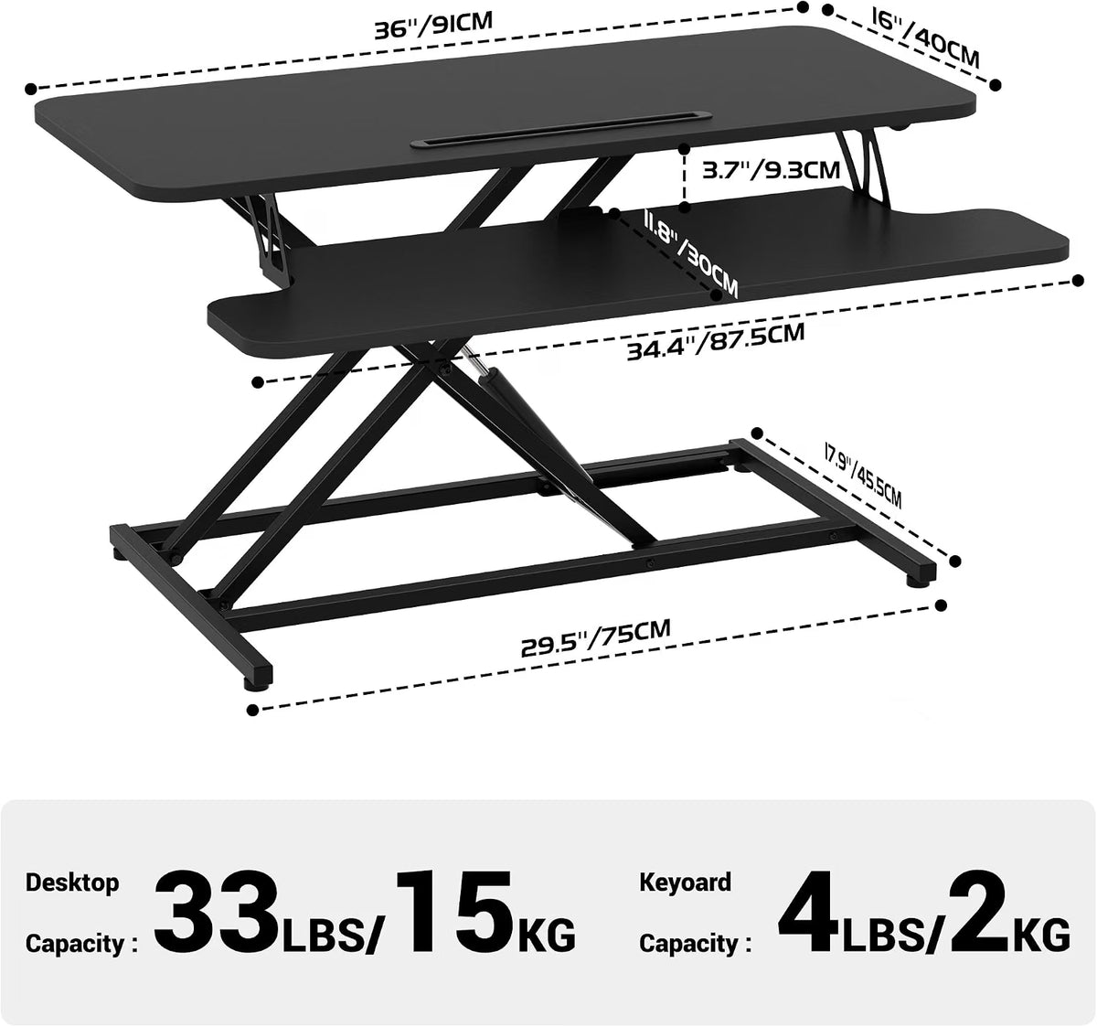 Standing Desk Converter 36 Inch 91cm Adjustable Sit Stand Workstation Black Desk