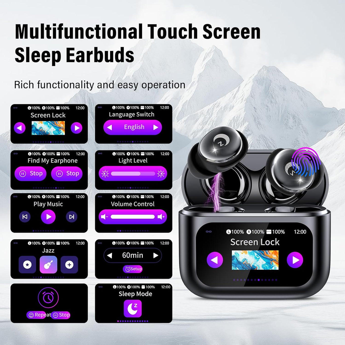 Multifunctional touch screen sleep earbuds with control panel display on a mountain background