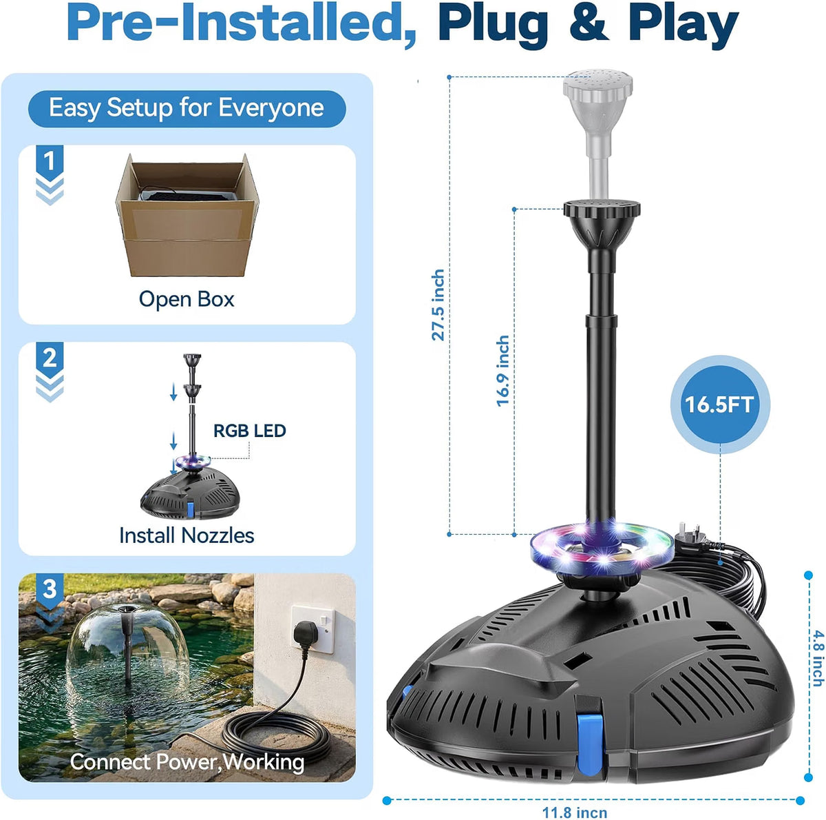 Pond Filter 2500L/H UV Light LED Water Filtration Pump Biling Outdoor Garden Pond