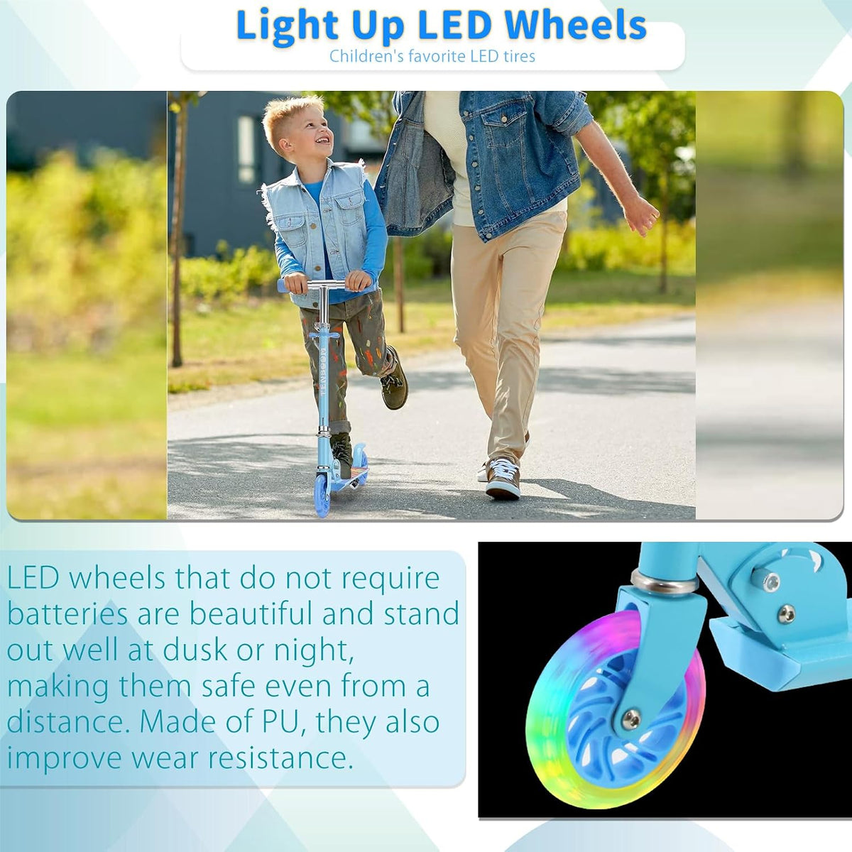 Kids Scooter 2 Wheel Light Up Folding Adjustable Handlebar Rear Brake TENBOOM