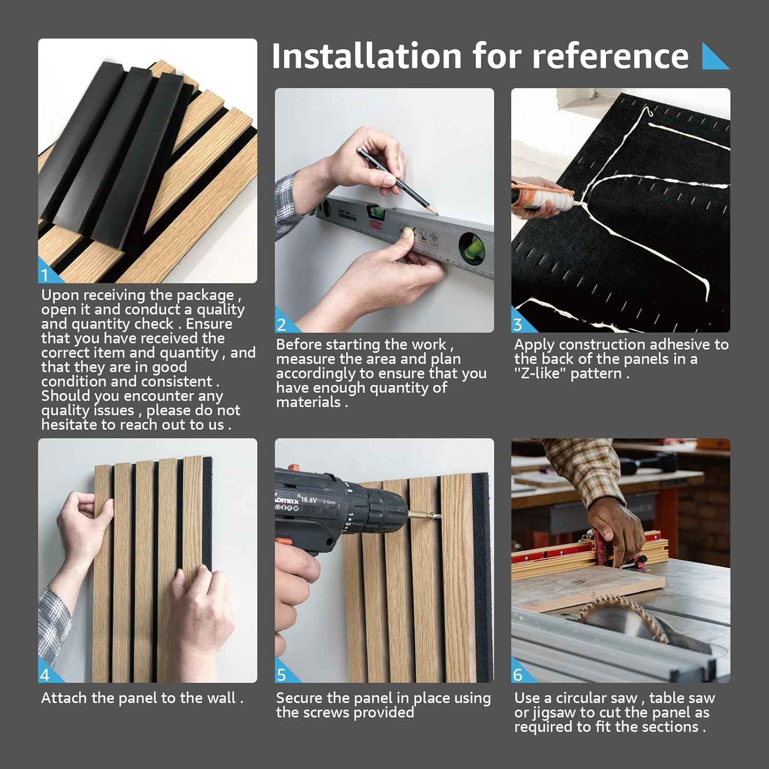 Step-by-step installation guide for panels with text instructions.