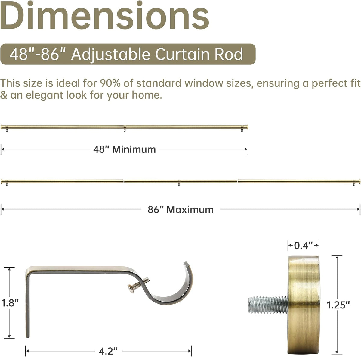 Extendable Curtain Pole 120-210cm 25mm Antique Brass Cap Finials Curtain Rod Set