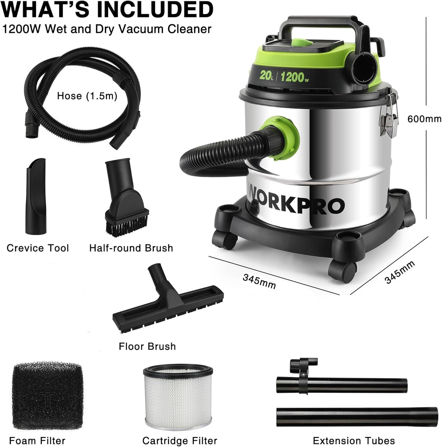 WORKPRO 1200W Wet & Dry Vacuum – 20L HEPA, Blower, Steel Tank Cleaner