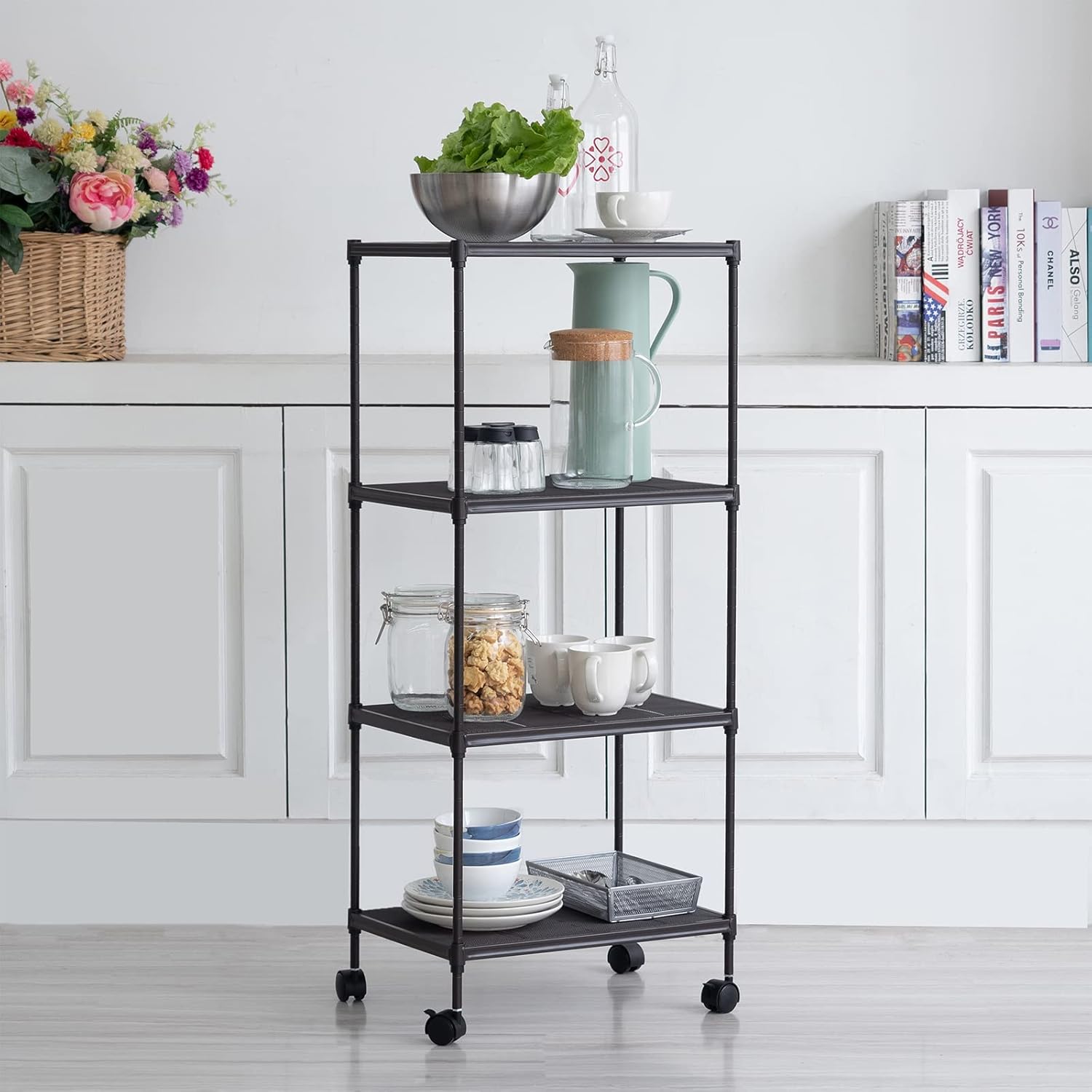 OVICAR 4-Tier Adjustable Wire Storage Rack w/ Wheels, Steel Shelf Organizer