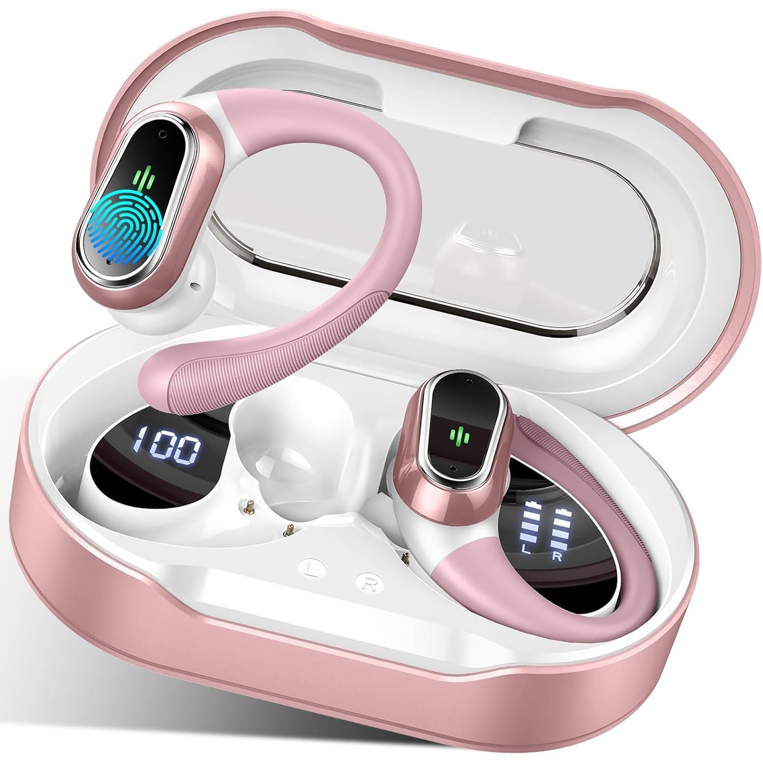 Pink and white wireless earbuds with charging case on a white background