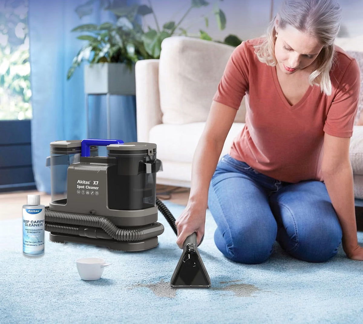 Portable Carpet Cleaner 600W Spot Upholstery Pet Stain Dual Tank Akitas X7