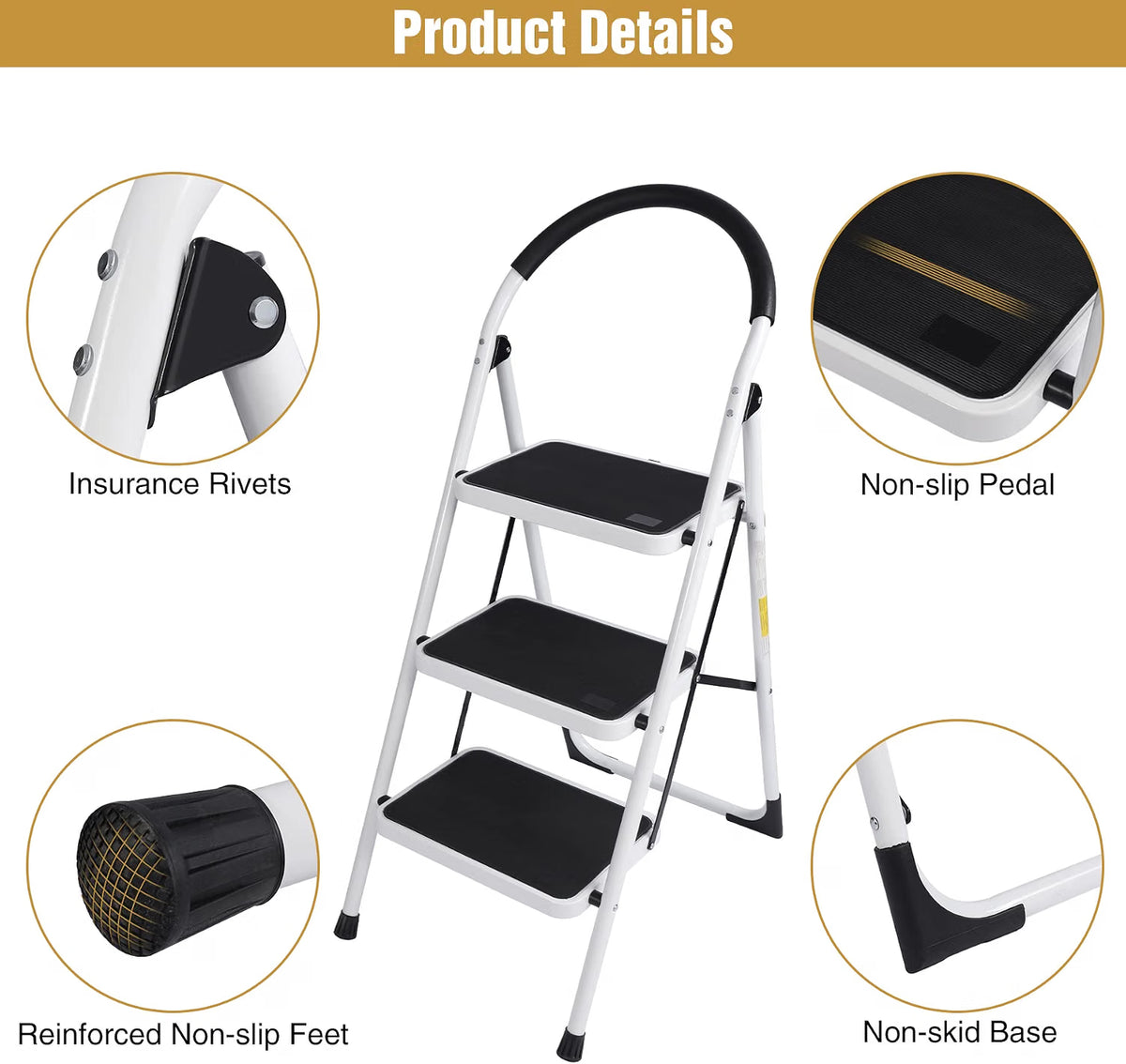 Folding 3 Step Ladder with Handrail,Heavy Duty Kitchen Steps 330lbs REDCAMP