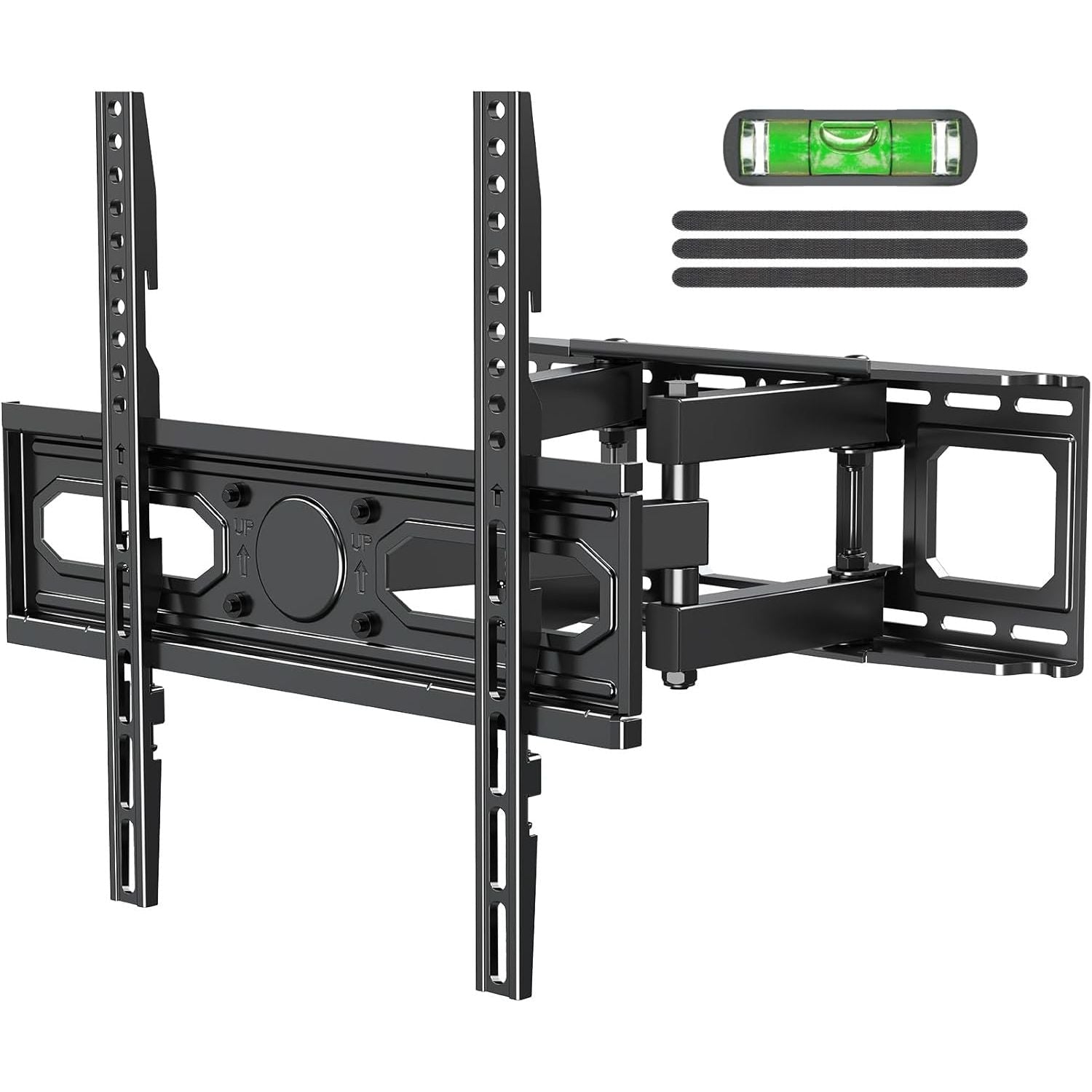 Full-motion TV wall mount with leveling tool and screws on a white background