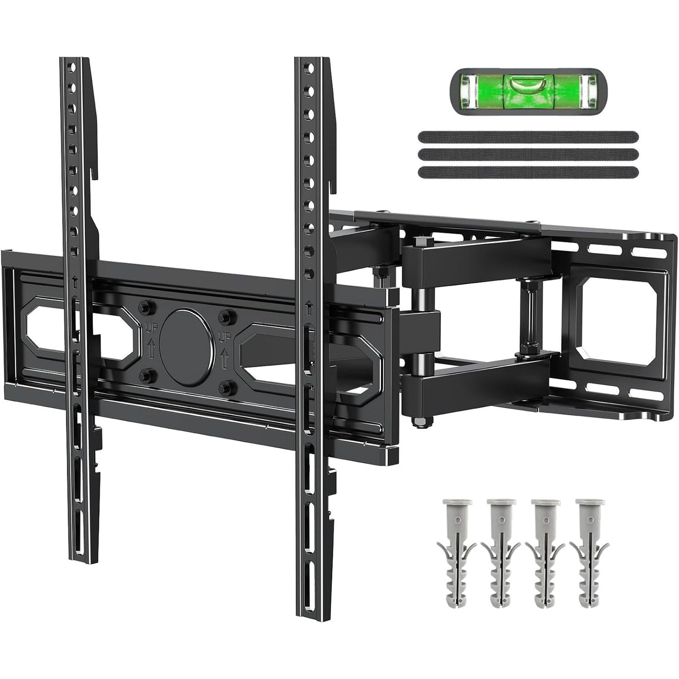 Full-motion TV wall mount with leveling tool and screws on a white background
