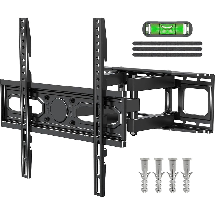 Full-motion TV wall mount with leveling tool and screws on a white background