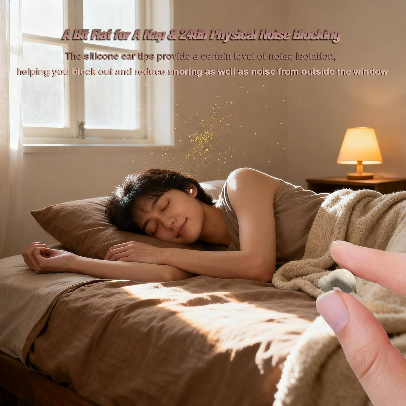 Woman sleeping in bed with a silicone ear tip being held close to her ear, in a bedroom setting.