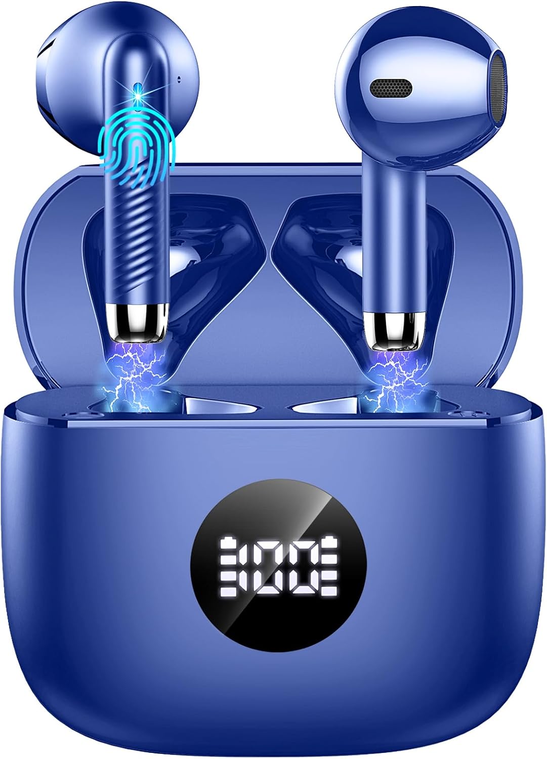 Blue wireless earbuds with charging case and digital display on a white background