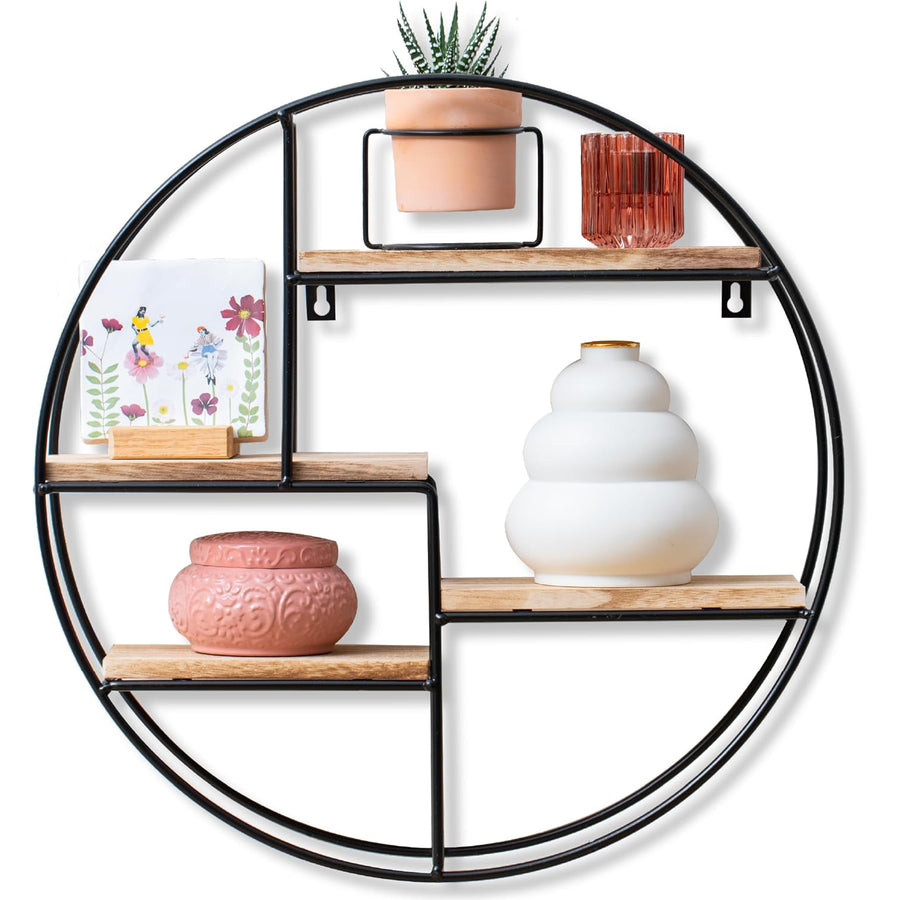 Gadgy Round Circle Wall Shelf 42cm, 4 Shelves Wood & Metal, Industrial Style - Massive Discounts