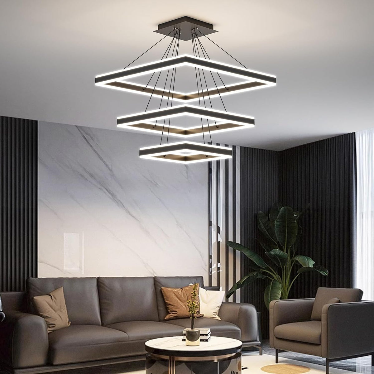 LED Pendant Light 3 Tier Square Black Dimmable Adjustable Chandelier Modern