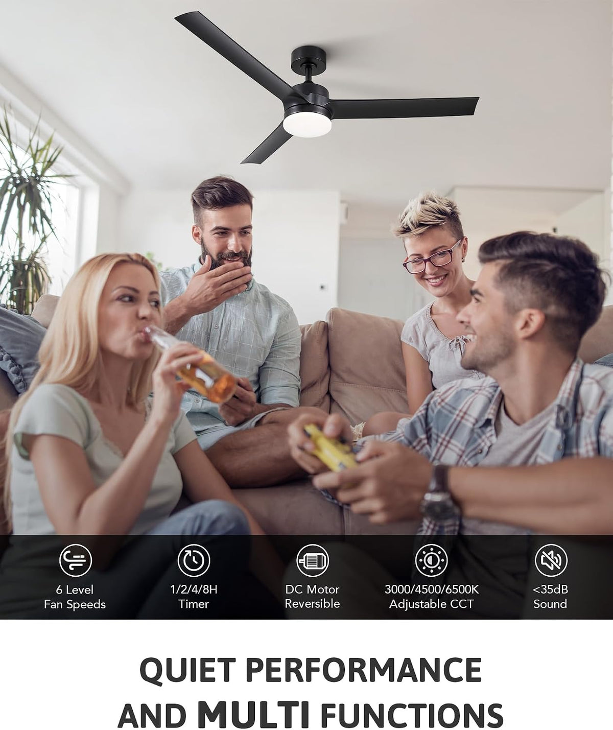 Ceiling Fan with Light 52 Inch 6 Speed Reversible Quiet DC Motor VONLUCE Black