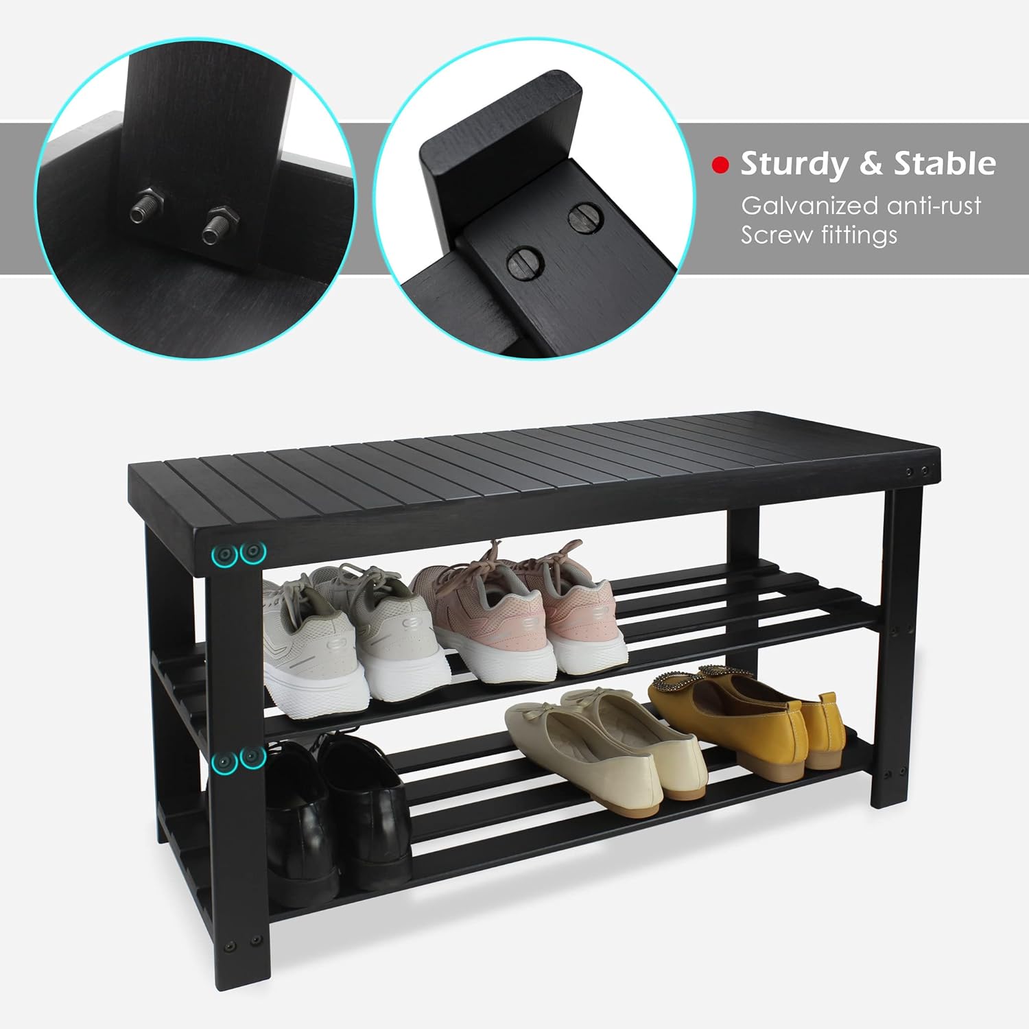 Black shoe rack with shoes on a white background, highlighting sturdiness and stability.