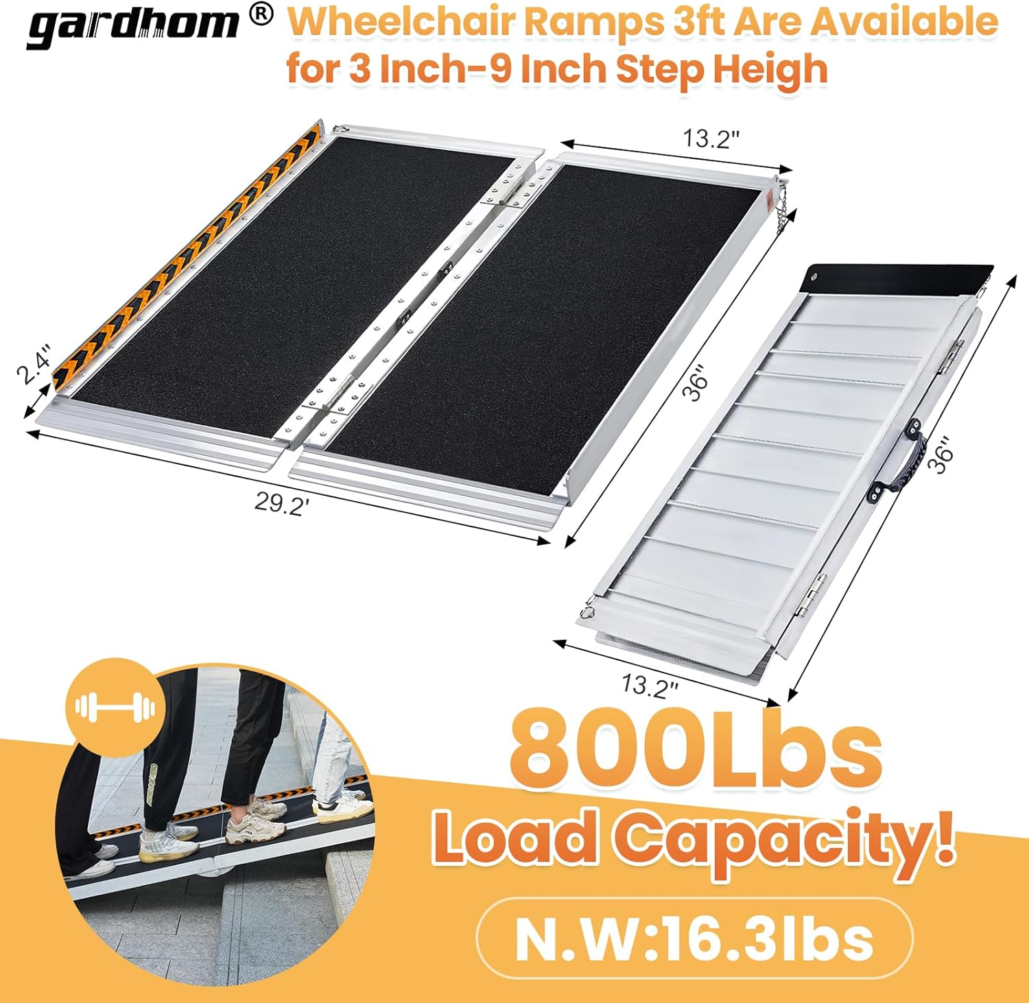 Gardhom 3FT Folding Wheelchair Ramp, 362KG Capacity for Home, Doorways & Steps