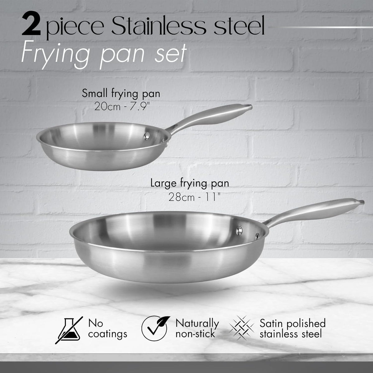 Stainless Steel Frying Pan Set 20cm 28cm Tri Ply Induction 2 Piece nuovva Pans