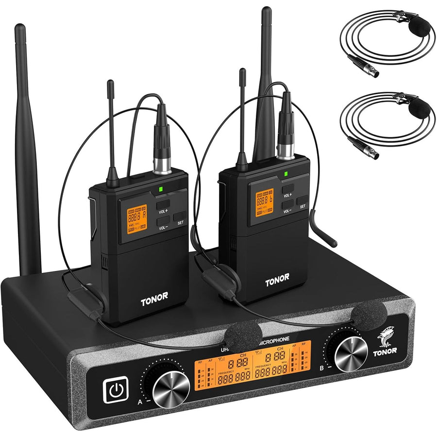 Wireless Microphone System UHF Headset Lavalier 60m 10 Channel TONOR