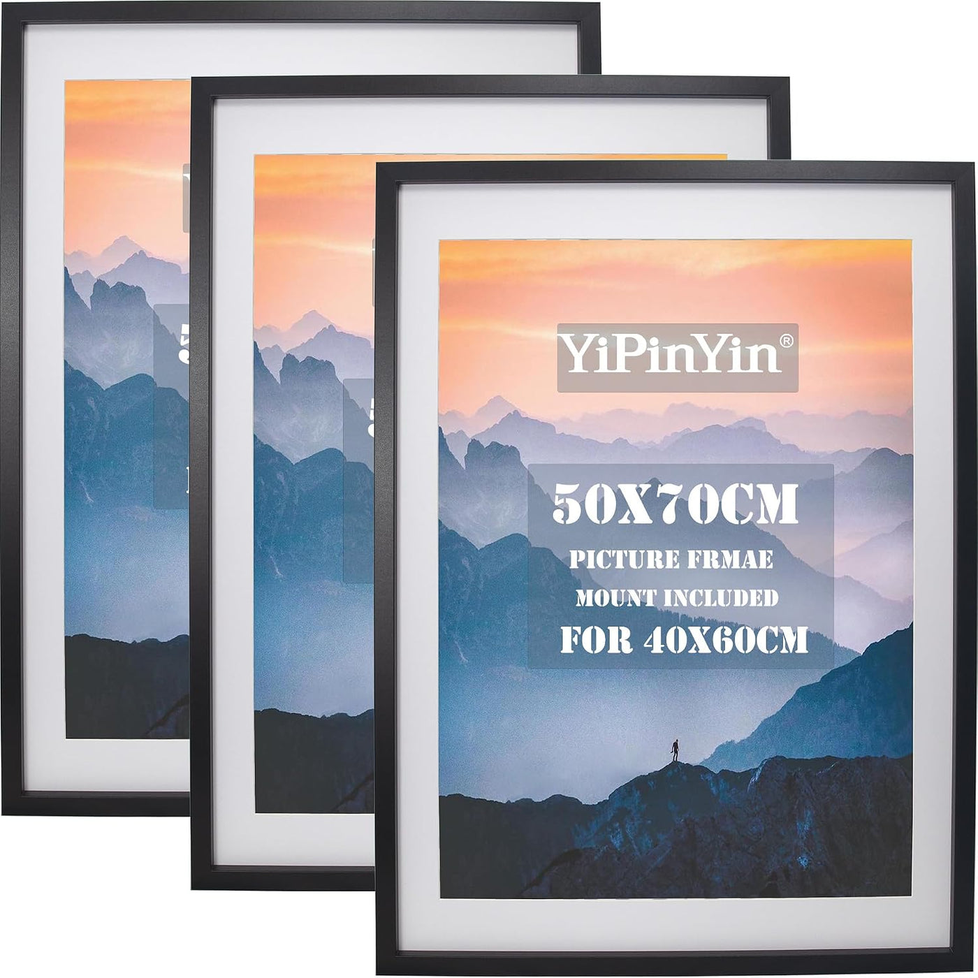 Picture Frames 50x70cm Black 3 Pack with Mount for 40x60cm Photos YiPinYin Frames