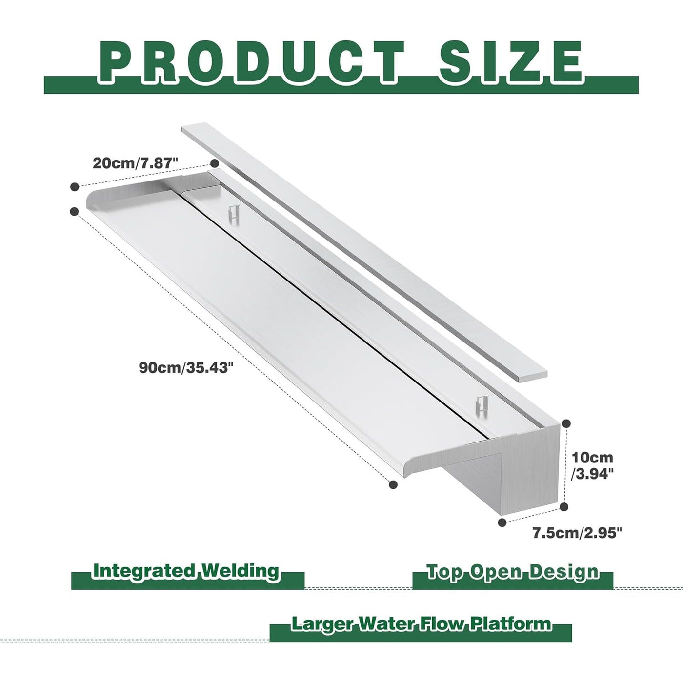 LONGRUNNEW 90cm Stainless Steel Pond Waterfall Blade Kit w/ Spillway, Width 20cm