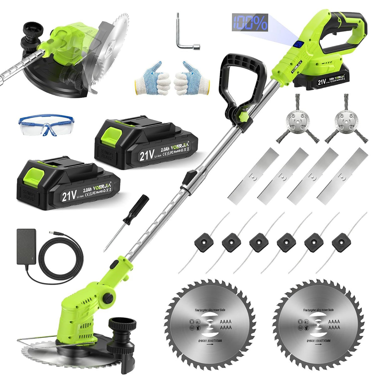 Cordless Brush Cutter Lawn Mower 2x2000mAh Batteries 6 Metal Blades VOERJIA Garden