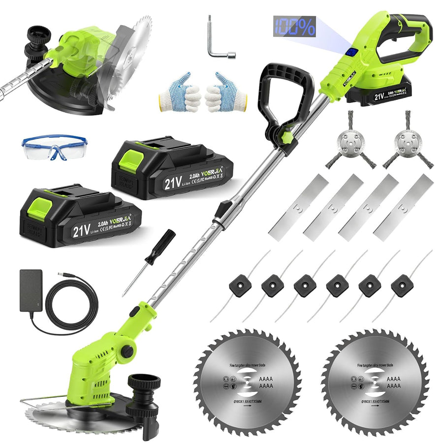 Cordless Brush Cutter Lawn Mower 2x2000mAh Batteries 6 Metal Blades VOERJIA Garden