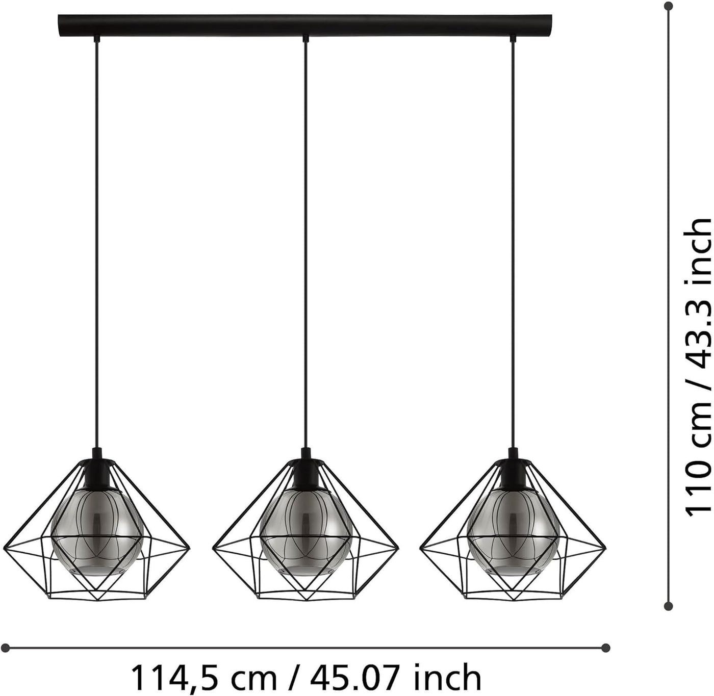 Three-light linear pendant ceiling fixture with black metal rods, three hanging cords, and faceted glass shades, shown with dimension markers indicating 114,5 cm width and 110 cm height.