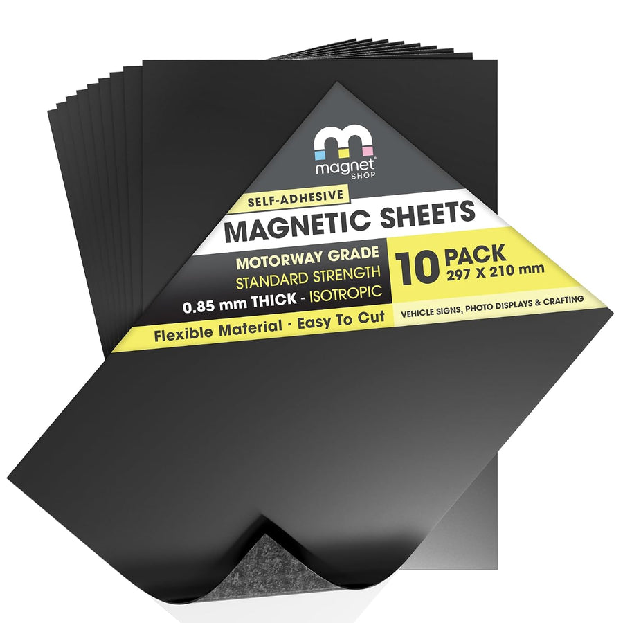 Pack of self-adhesive magnetic sheets with packaging displaying product details.