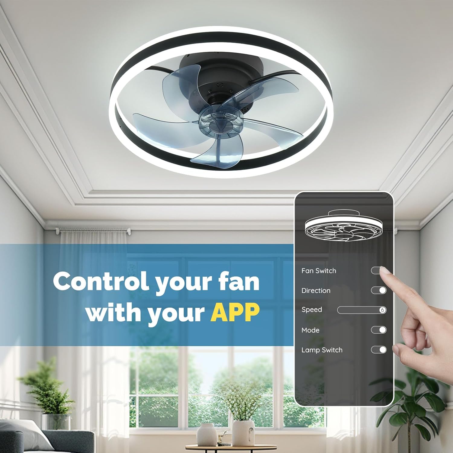 CHANFOK 19'' LED Ceiling Fan, Flush Mount, Remote, 3 Light Colors, 6 Speeds