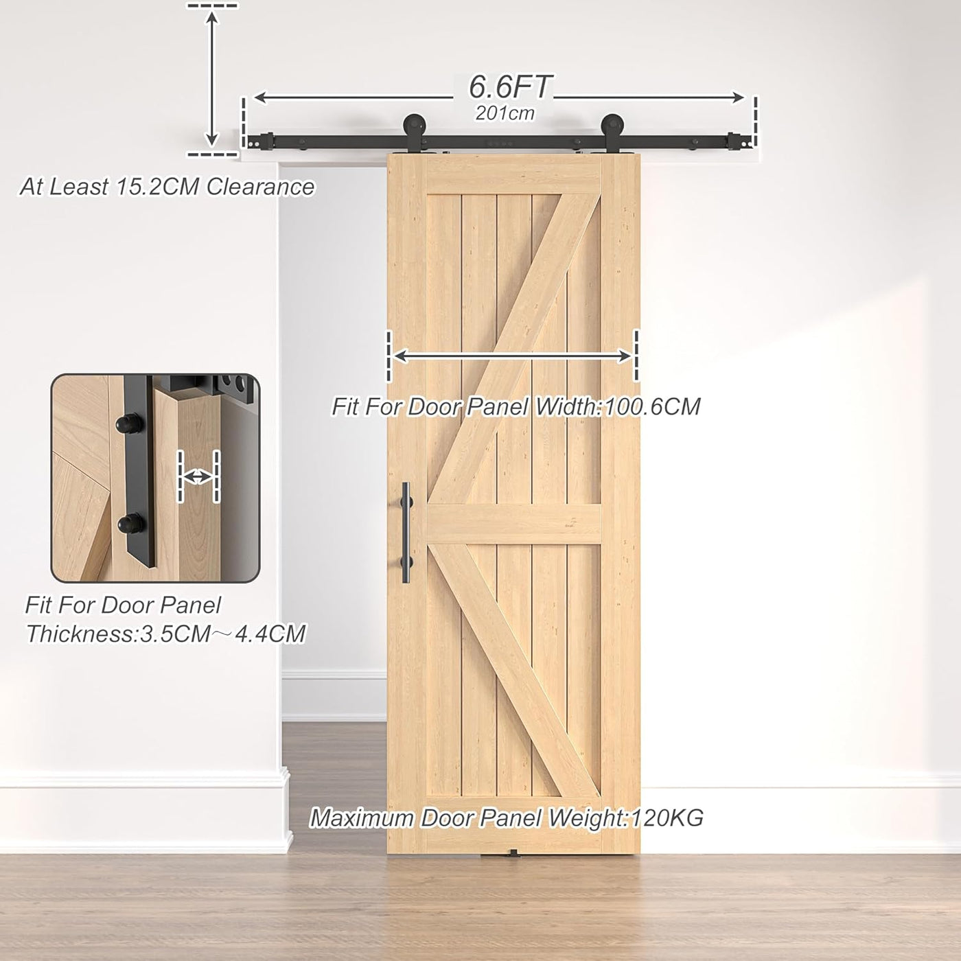 Wooden sliding barn door with hardware and measurements on a white background
