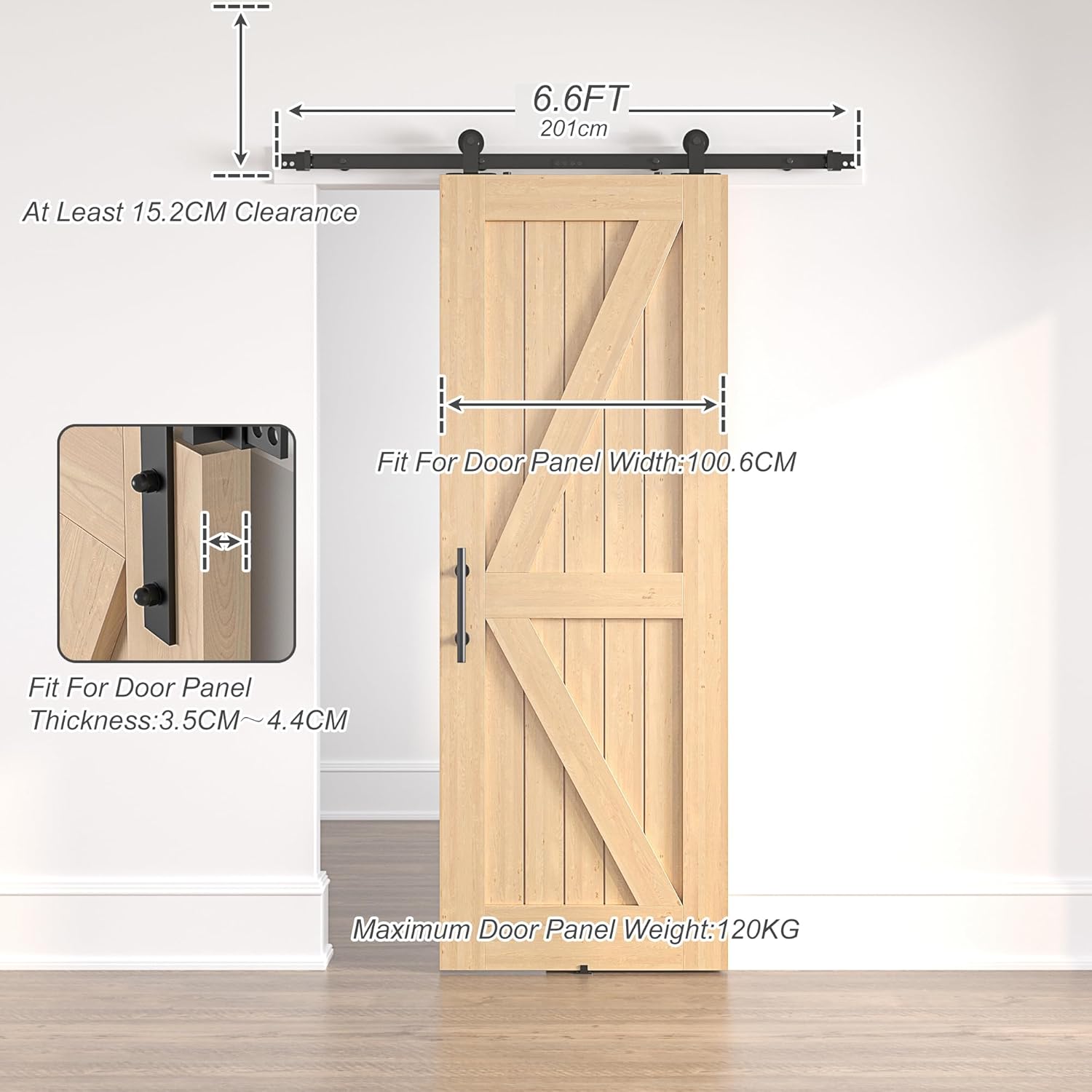 Wooden sliding barn door with hardware and measurements on a white background