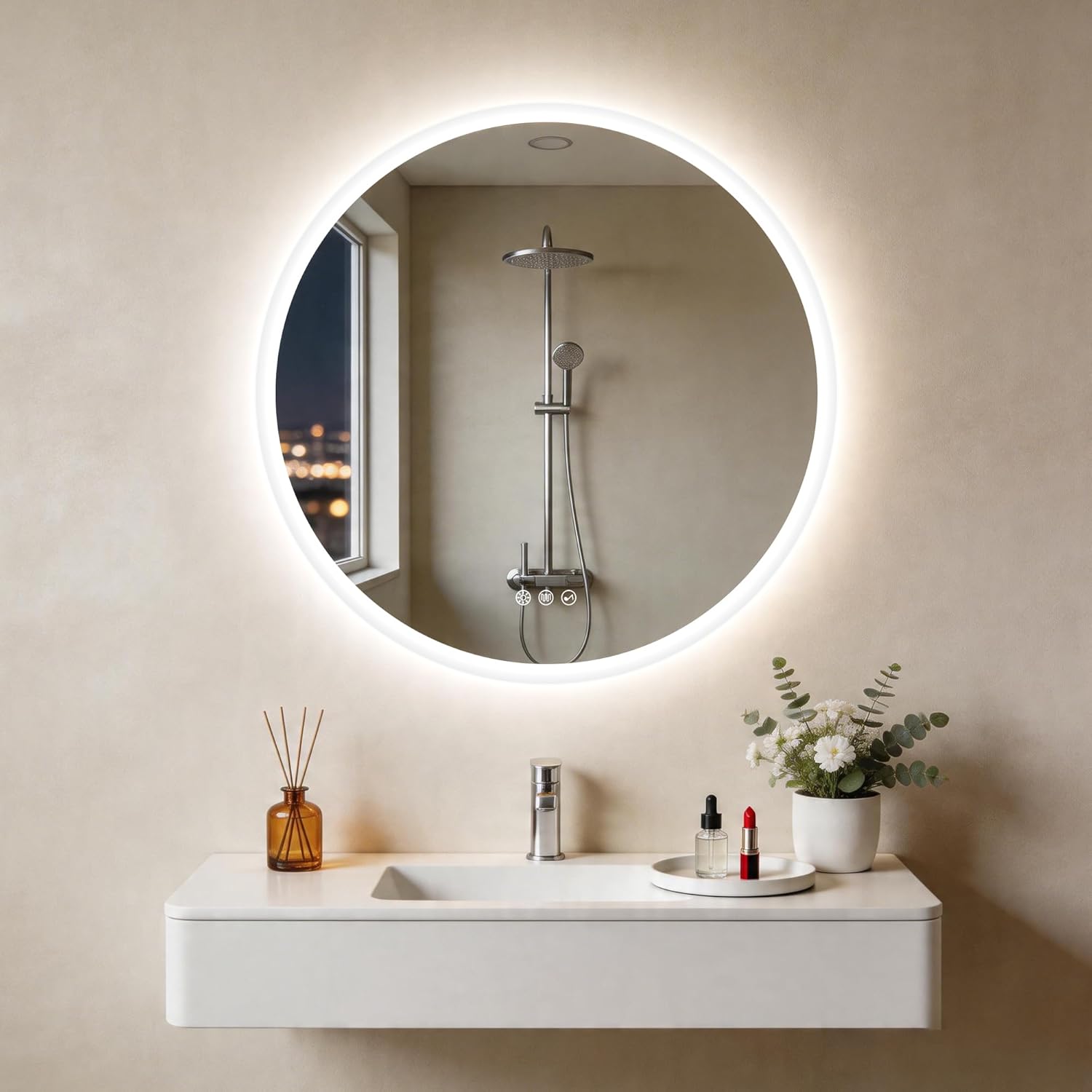 Bathroom vanity with round illuminated mirror, sink, and decorative items.