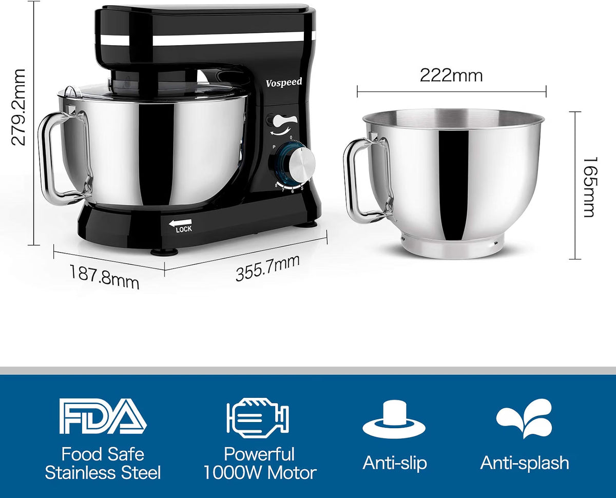 Stand Mixer 1000W 5 Quart 8 Speed Tilt Head Baking Food Mixer Black Vospeed
