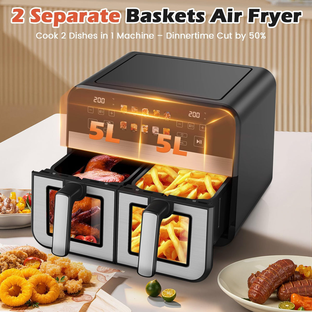 Dual Zone Air Fryer 10L 8 in 1 Double Drawer Viewing Window Family Size Cooker