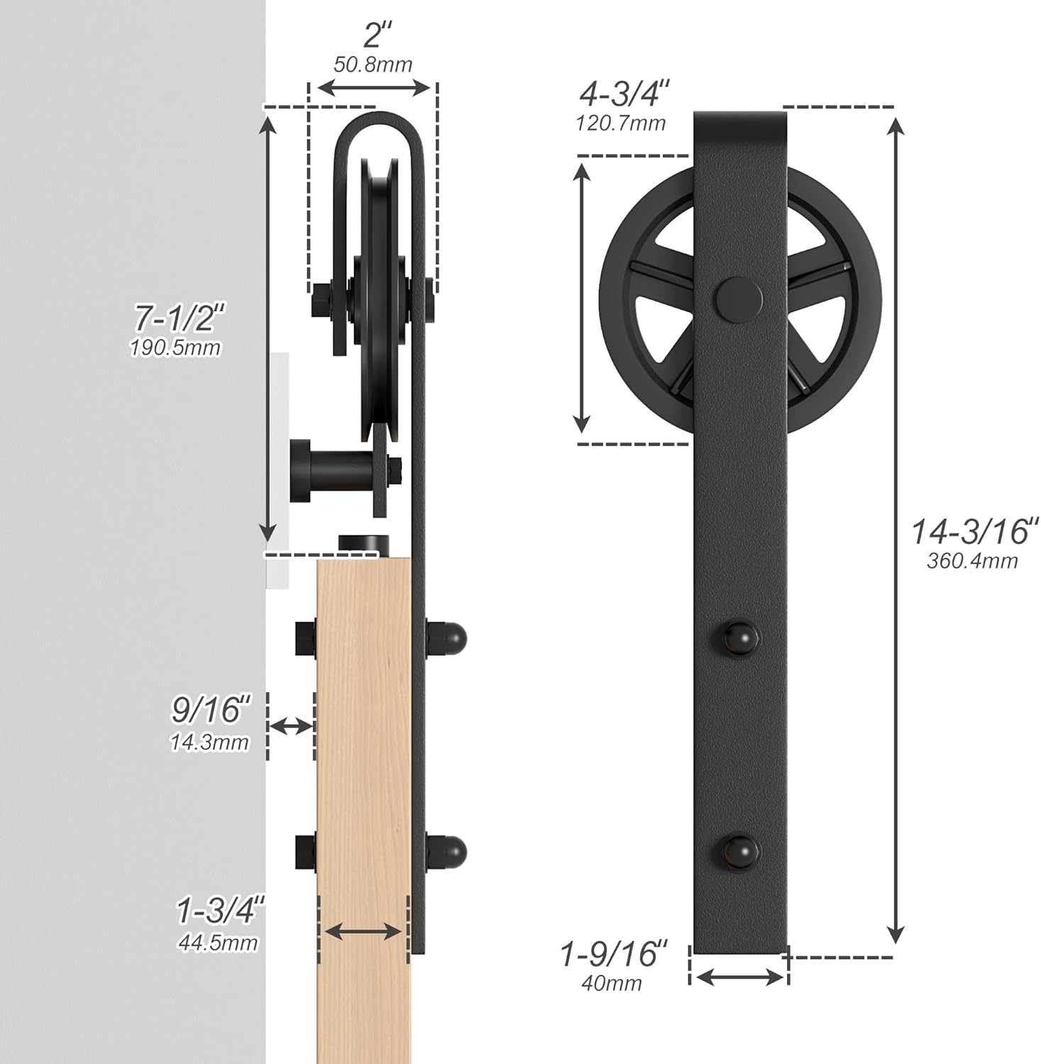 Measurement chart of a sliding barn door system with dimensions labeled.