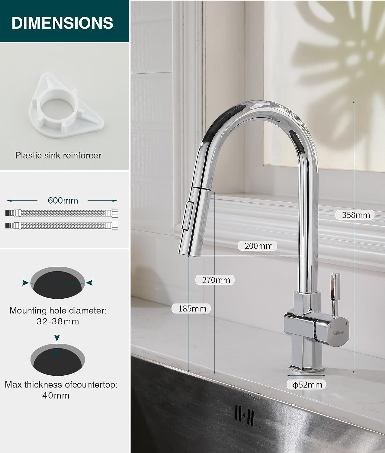 Kitchen Mixer Tap Pull Out Sprayer 2 Modes 360 Swivel Stainless Steel Chrome Sink