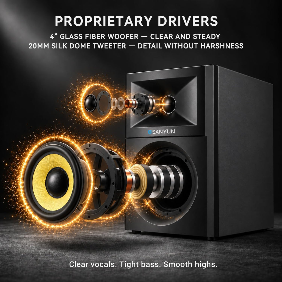 Bookshelf Speakers 4 Inch 2 Way Powered Stereo Audio TV PC Home Sanyun SW205