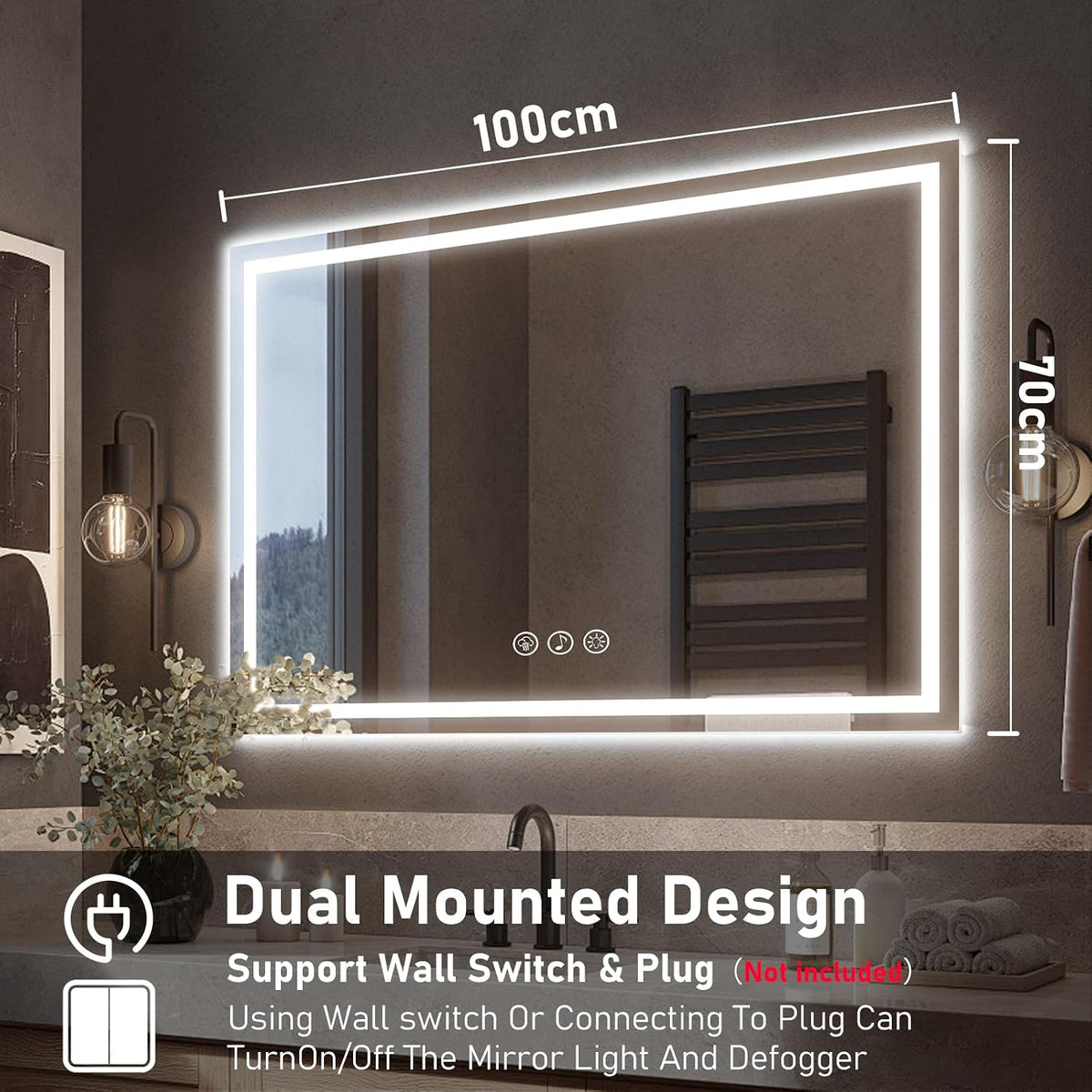 LED Bathroom Mirror 100x70cm Bluetooth Anti Fog Dimmable Frontlit Ratsamee