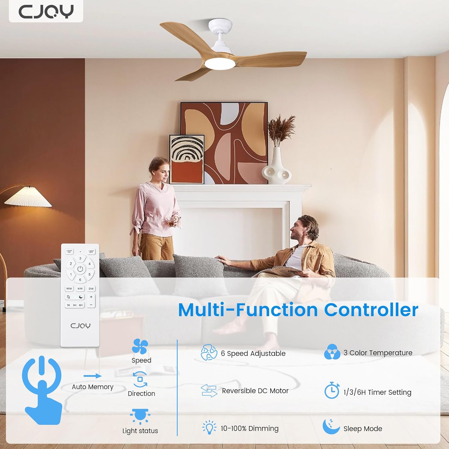 Living room with a ceiling fan and people interacting, featuring a multi-function controller with features listed.
