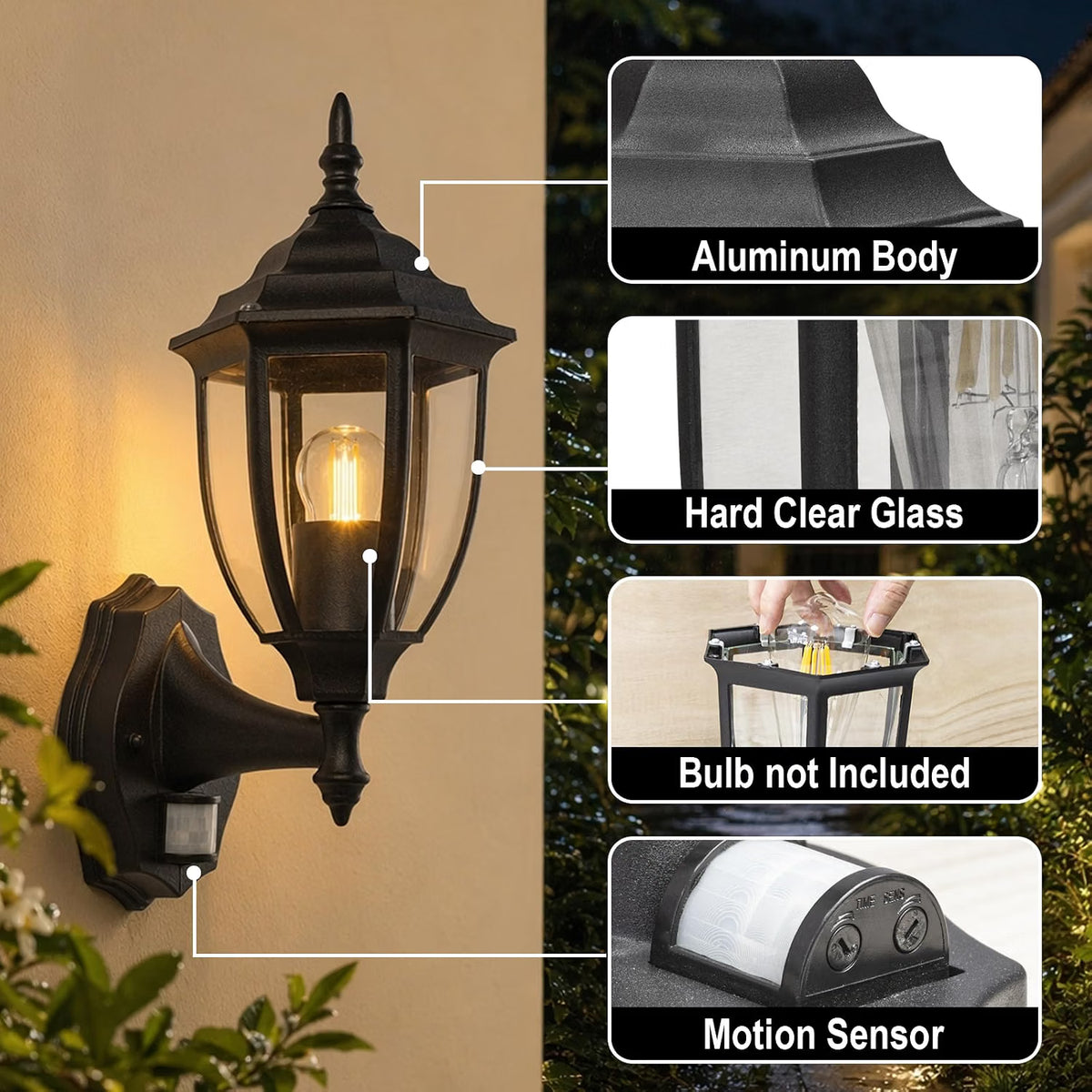 Outdoor Wall Light PIR Motion Sensor Waterproof E27 Black Aluminium Porch Lantern