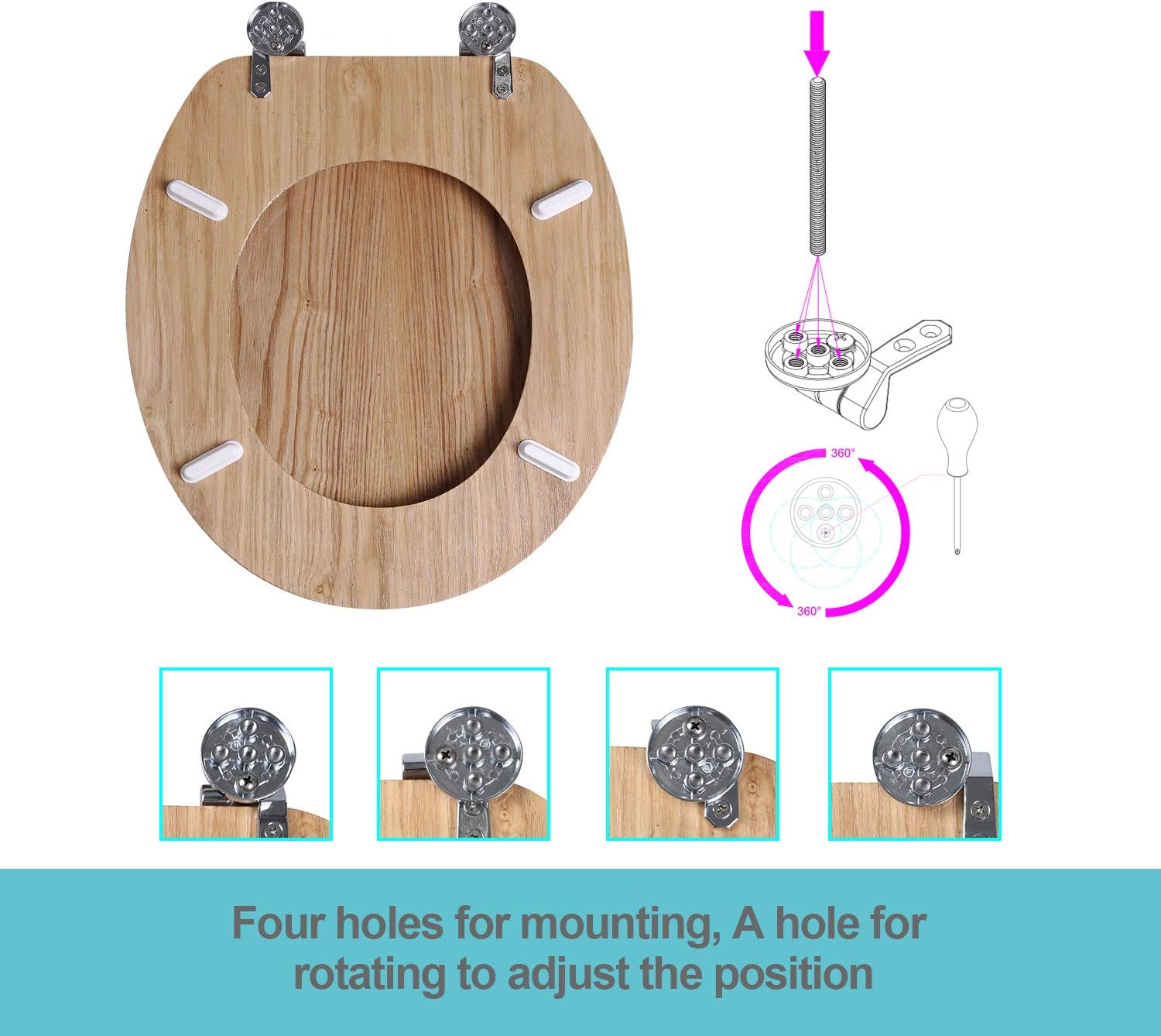 Angel Shield Antibacterial Wooden Toilet Seat with Adjustable Hinges, 45x37cm