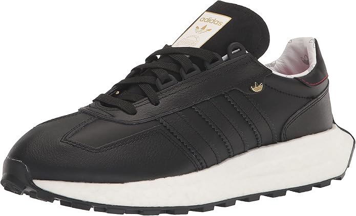 Black Adidas sneaker with white sole on a white background